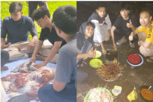 Suasana gotong royong saat pemotongan hewan kurban yang dilanjut dengan acara bakar-bakar sate dalam rangka menguatkan persaudaraan