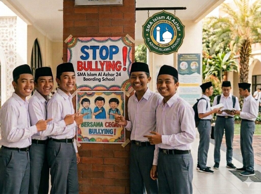 Murid SMA Islam Al Azhar 24 Boarding School melakukan kampanye antibullying di lingkungan sekolah islami yang aman dan nyaman.