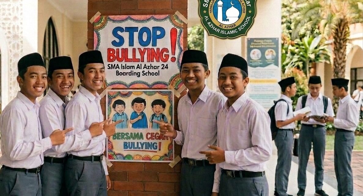 Murid SMA Islam Al Azhar 24 Boarding School melakukan kampanye antibullying di lingkungan sekolah islami yang aman dan nyaman.