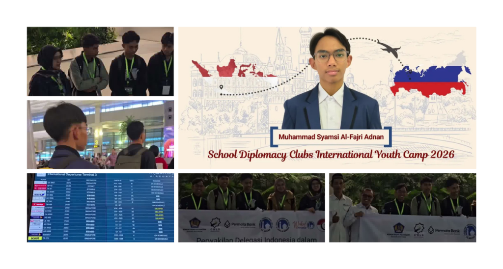 Dokumentasi keberangkatan dan kegiatan Muhammad Syamsi Al-Fajri Adnan sebagai delegasi Indonesia menuju International Youth Camp 2026 di Rusia.iya 