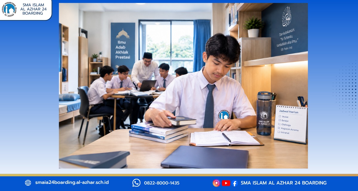 Murid SMA Islam Al Azhar 24 Boarding School belajar mandiri dan bertanggung jawab di lingkungan SMA Boarding Islami.