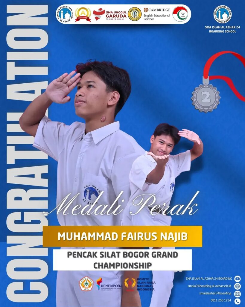 Muhammad Fairus Najib meraih medali perak untuk SMA Islam Al Azhar 24 Boarding School pada Pencak Silat Bogor Grand Championship.