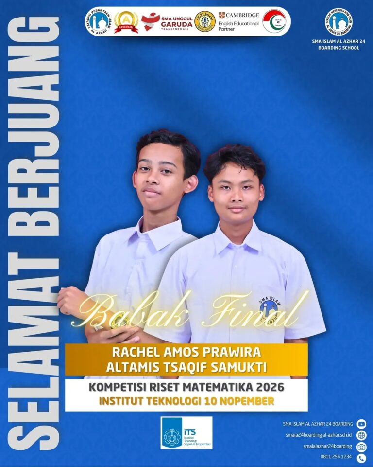 Dua murid SMA Islam Al Azhar 24 Boarding School melaju ke babak final Kompetisi Riset Matematika Institut Teknologi Sepuluh Nopember 2026.